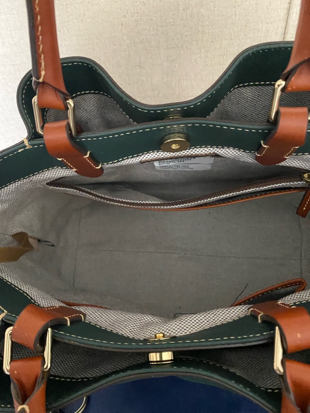 Dooney & Bourke Green Leather Tote with Brown Trim and Matching Pouch - Picture 7 of 13